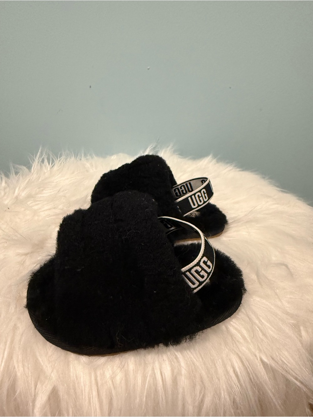UGG Black Shearling Logo Strap Slide
